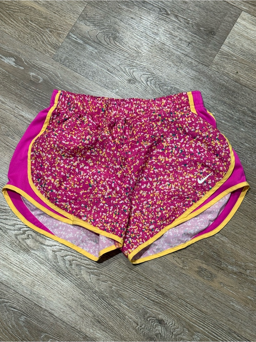Nike Women’s Fuchsia Floral Athletic Shorts with Yellow Trim